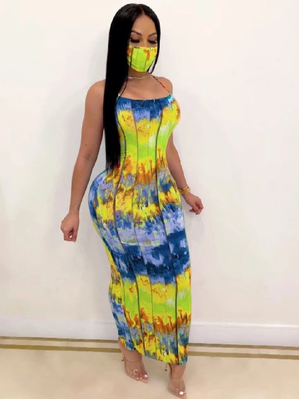 Tie-Dye Bodycon Maxi Dress with Matching Face Mask - Yellow Blue